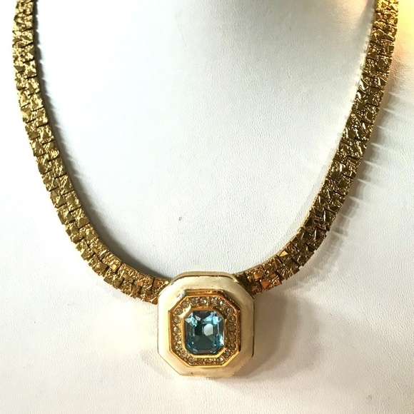 Gold Statement pendant blue topaz enamel gold leaf ESTATE JEWELRY CIRCA ‘50’s